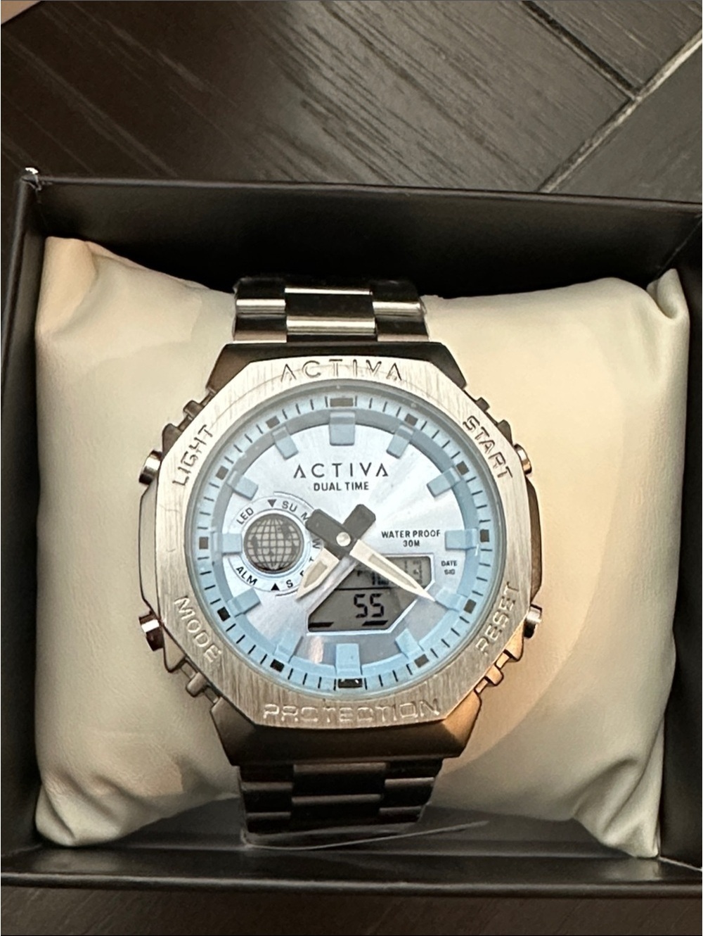 Activa Silver Stainless Steel Dual Time Watch with Light Blue Dial